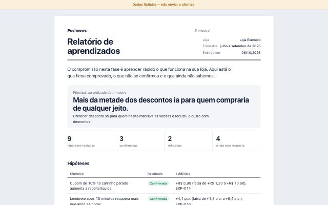 Topo do relatório “Relatório de aprendizados” com dados fictícios
