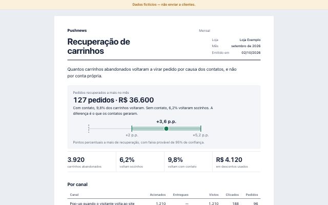 Topo do relatório “Recuperação de carrinhos” com dados fictícios