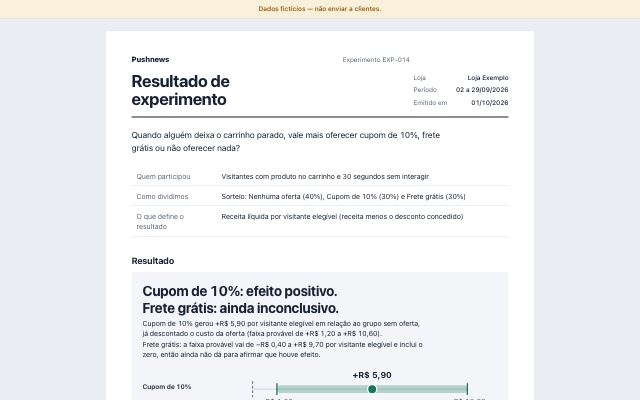 Topo do relatório “Resultado de experimento” com dados fictícios